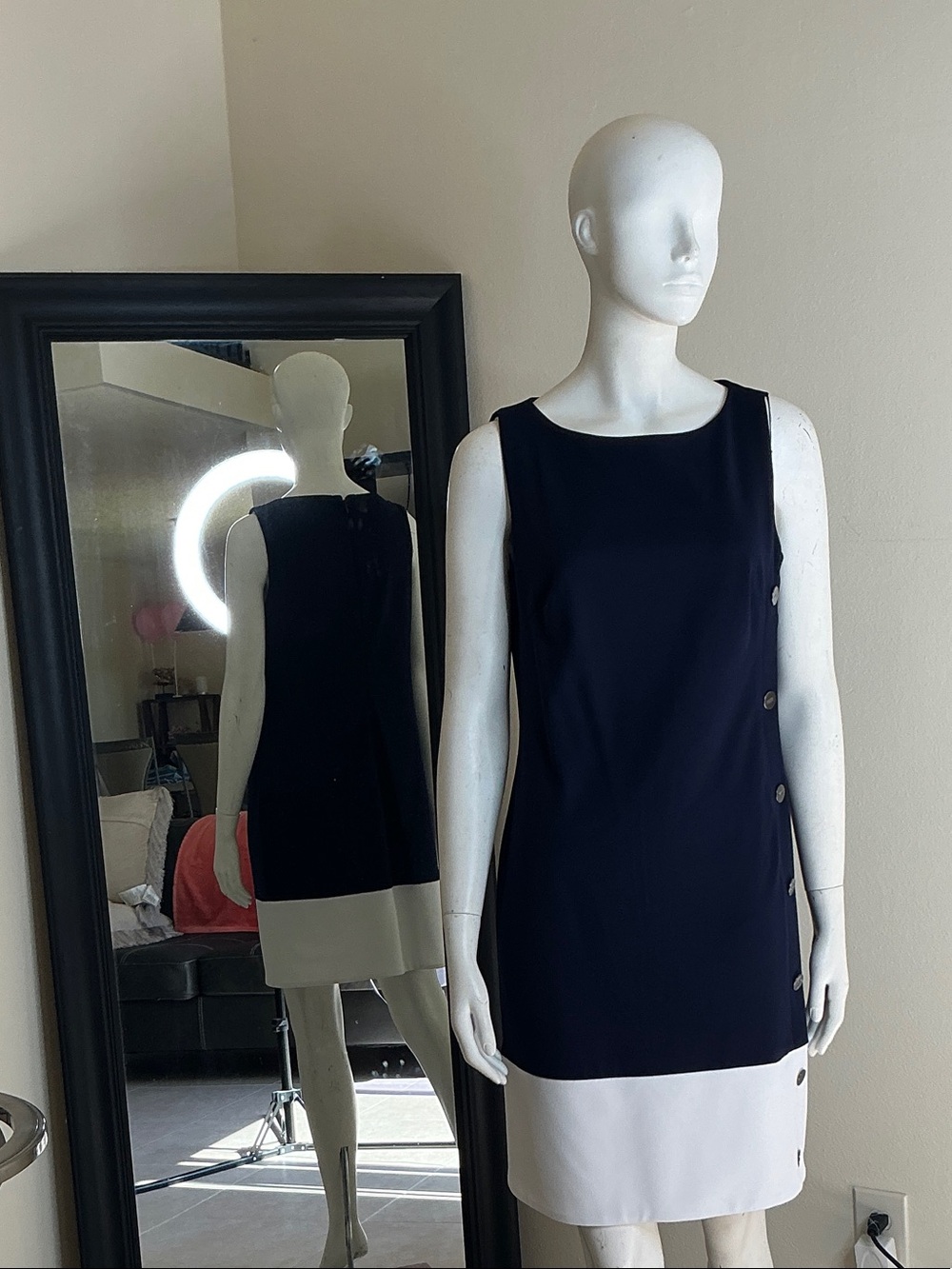 Sleeveless Navy and White Colorblock Shift Dress by DKNY